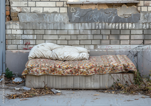 In an abandoned place on the street there is a humble shelter of a homeless man, where he sleeps on a ruined bed with a dirty mattress and bedding. It is a place full of oblivion and loneliness.