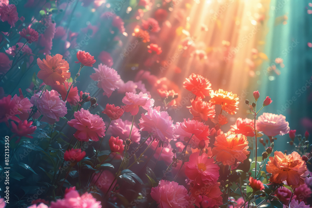 Artistic scene depicting a garden with flowers illuminated by different colors from a spectrum created by a prism, Artistic scene depicting a garden with flowers illuminated by different colors from a spectrum created by a prism,