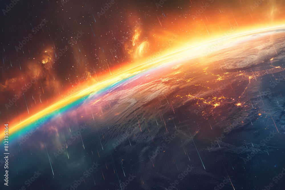 Visualization of a prism floating in space, dispersing sunlight into a spectrum that wraps around a planet,