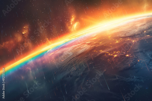 Visualization of a prism floating in space  dispersing sunlight into a spectrum that wraps around a planet 