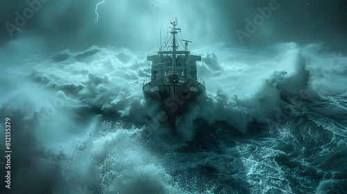 Dramatic digital artwork depicting a ship braving enormous waves during a severe storm at sea, illuminated by lightning