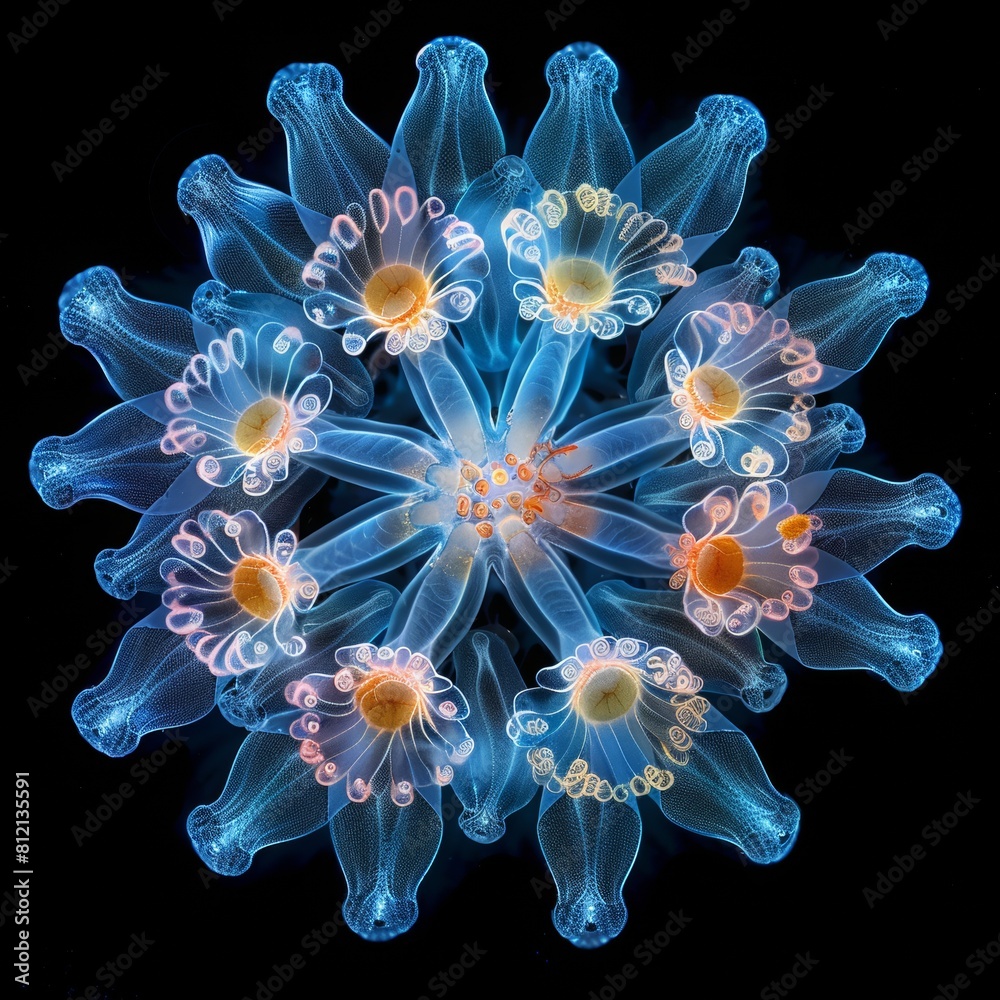 The image is of a bio-luminescent jellyfish that looks like a flower in the dark ocean depths. The image is of a bio-luminescent jellyfish that looks like a flower in the dark ocean depths.