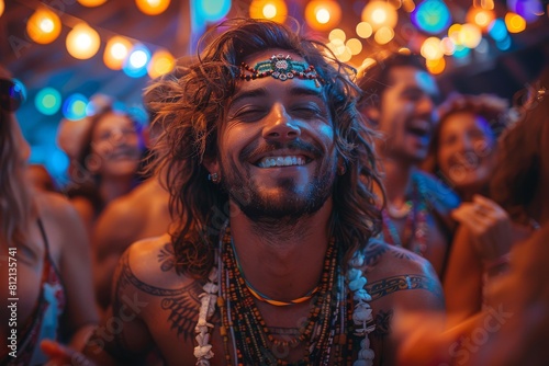 Cheerful bearded man with bohemian accessories enjoying a festival atmosphere surrounded by friends