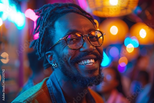 A person from the side with dreadlocks is depicted with vibrant neon lights in the background