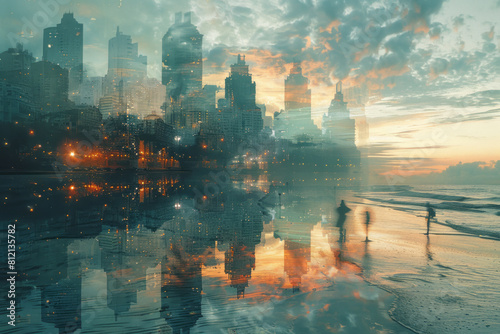 Illustration of a Fata Morgana showing a distorted and inverted image of a distant cityscape over the ocean, photo