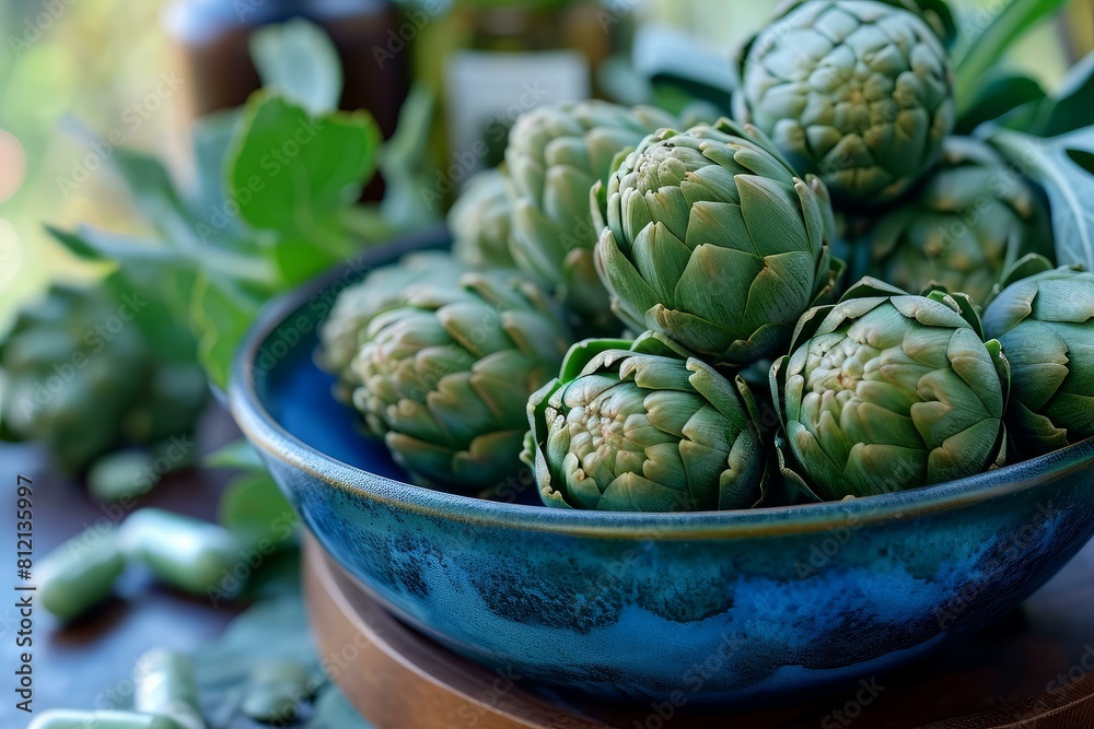 Fototapeta premium Edible Artichokes pills bowl. Dish menu. Generate Ai
