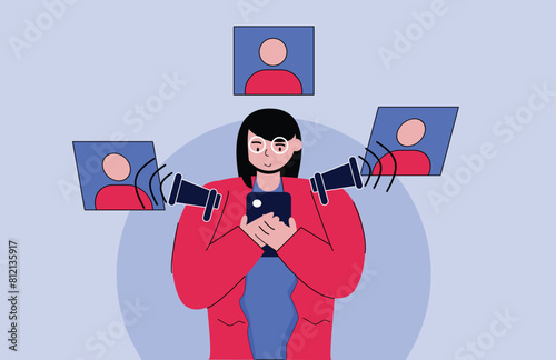 woman holding smartphone and referring product to her friends. Illustrating referral marketing activities