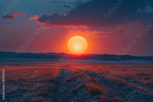 Illustration of a sunset mirage, where the sun appears to stretch and multiply at the horizon, photo