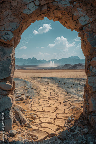 Artistic scene showing a mirage of a distant waterfall in a desert, an optical illusion of water in a dry place, photo