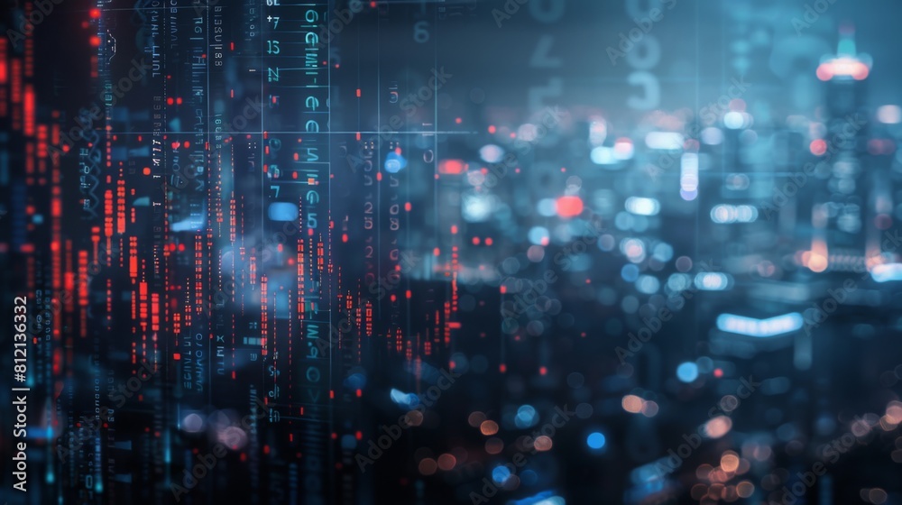 Abstract glowing big data forex candlestick chart on blurry city backdrop. Trade, technology, investment and analysis concept. Double exposure Abstract glowing big data forex candlestick chart on blurry city backdrop. Trade, technology, investment and analysis concept. Double exposure