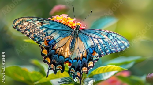 The intricate details of a colorful butterfly perched on a flower.