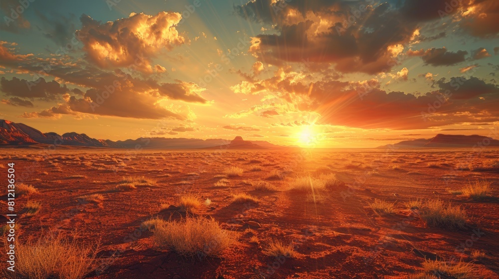 The image shows a beautiful sunset over a vast desert landscape. The warm colors of the sky and the sand create a peaceful and serene scene.