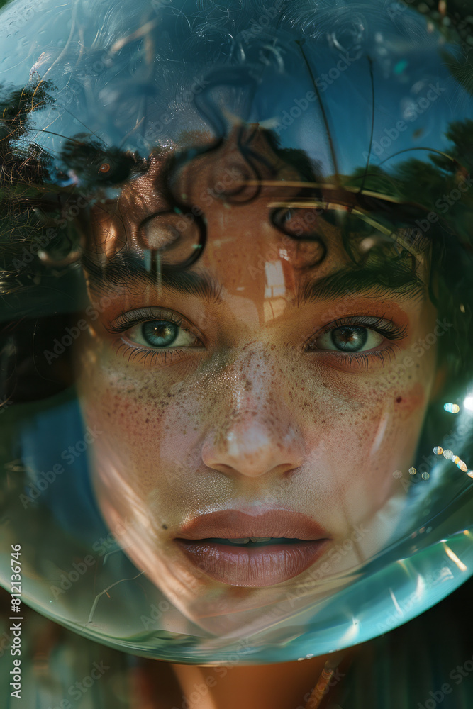 Artistic visualization of a portrait seen through a glass orb, distorting the facial features in a surreal manner, Artistic visualization of a portrait seen through a glass orb, distorting the facial features in a surreal manner,