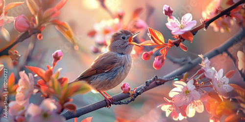 An image of a songbird perched on a blossoming tree branch, singing melodiously amidst the colorful spring blooms