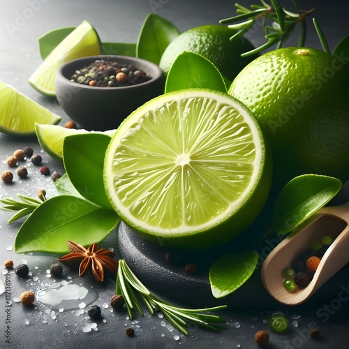 Fresh green lime slice with leaves