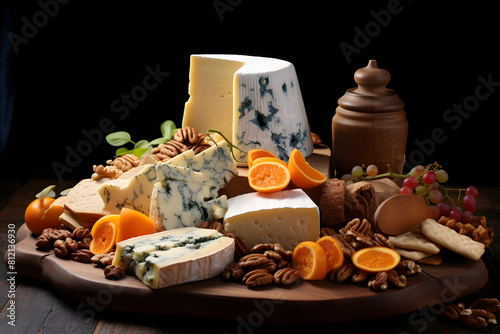 Stylish and rich cheese platter with a variety of cheeses including Emmental, Ricotta, and Stilton, artistically paired with Generative Ai,