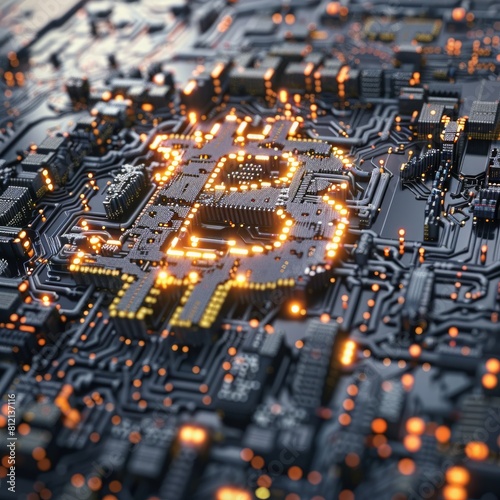 The image shows a close-up of a computer circuit board with a glowing Bitcoin symbol in the center.