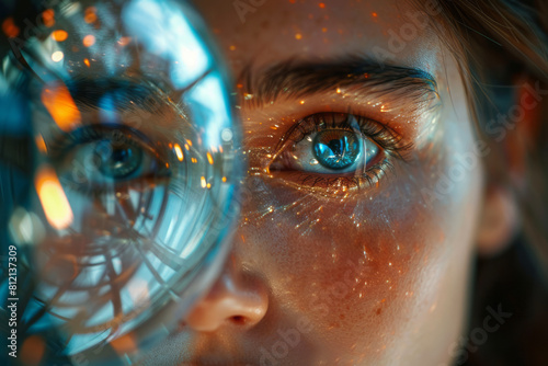 Illustration of a face viewed through a lensball, inverting and focusing different parts of the portrait, photo