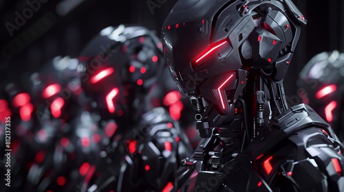 The Iron Legion: An army of cyborgs clad in sleek, black armor, their eyes glowing red with integrated technology.