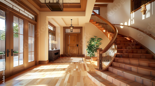 Home entry with a deep terracotta staircase large wooden front door and light hardwood floors extending to an elevated ceiling Warm earthy tones