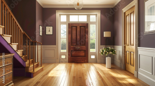 Inviting entryway with a rich purple staircase classic wooden door and light wide hardwood flooring