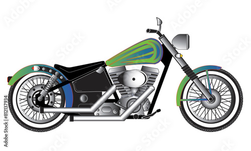 Vintage bobber motorcycle illustration retro style, green and blue color