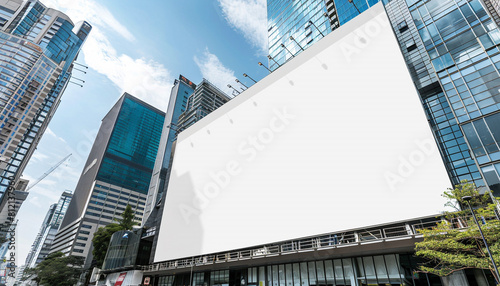 Large white billboard set against a bustling urban skyline, great for digital advertising mockups.