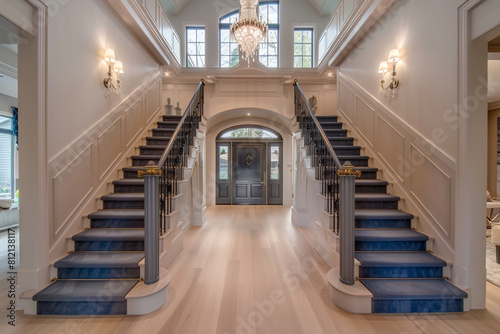 Luxurious home entry with a sapphire staircase broad front door and light hardwood floors stretching to a vaulted ceiling Rich elegant atmosphere