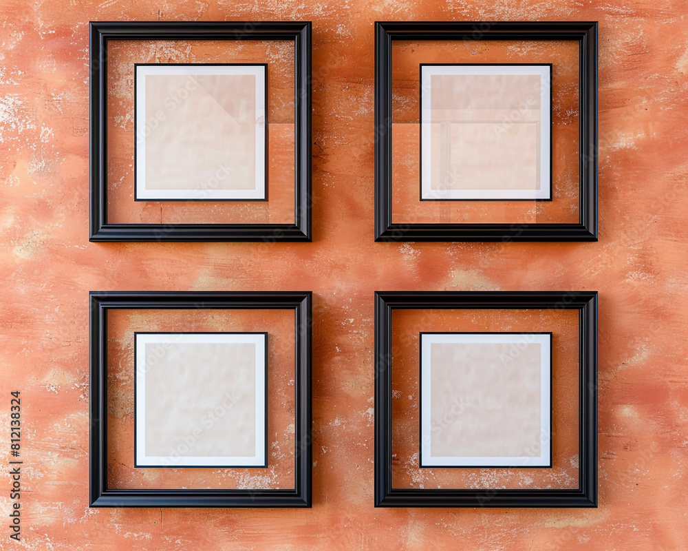 Luxury home decor store with four blank posters in elegant black frames highlighted against a rich terracotta wall suitable for interior design promotions or home styling tips Luxury home decor store with four blank posters in elegant black frames highlighted against a rich terracotta wall suitable for interior design promotions or home styling tips