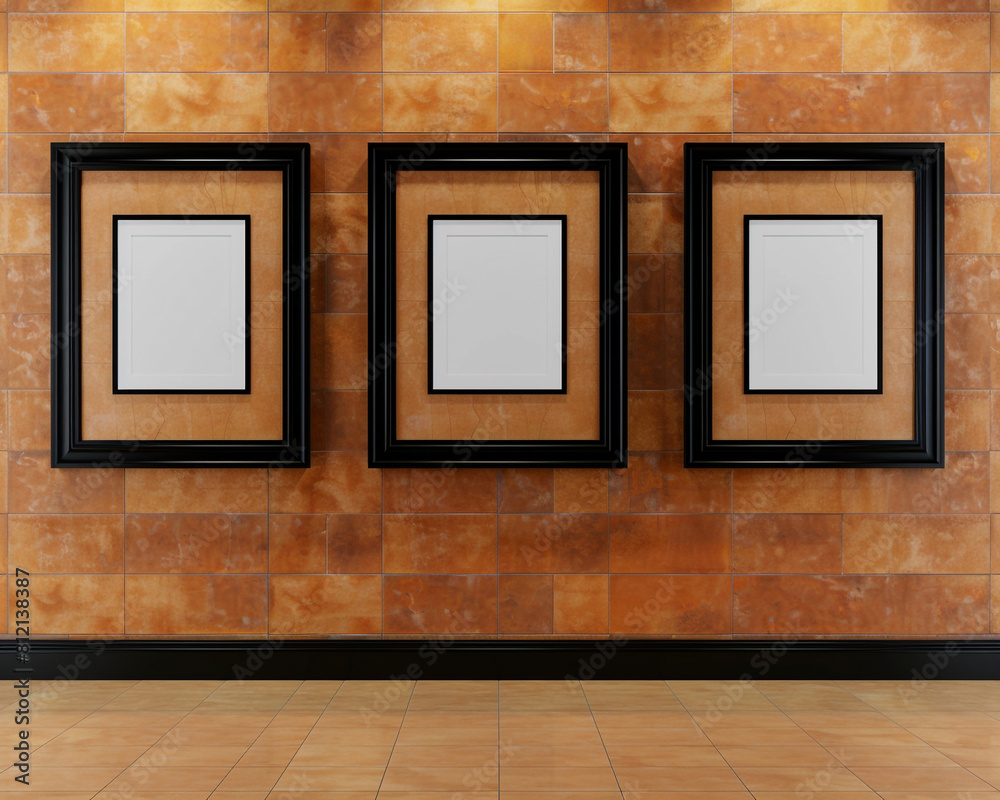 Luxury home decor store with four blank posters in elegant black frames highlighted against a rich terracotta wall suitable for interior design promotions or home styling tips Luxury home decor store with four blank posters in elegant black frames highlighted against a rich terracotta wall suitable for interior design promotions or home styling tips