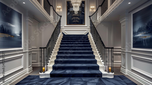 Luxury foyer with navy blue carpeted stairs surrounded by high wainscoting and a statement oil painting The space is lit by bespoke pendant lights photo