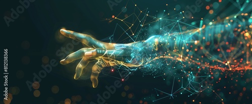 Abstract human hand with finger pointing left on black background, cybernetic hand reaching out in futuristic digital style