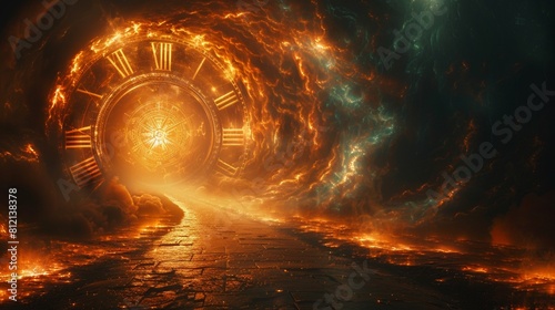 The image shows a fiery portal in time and space.