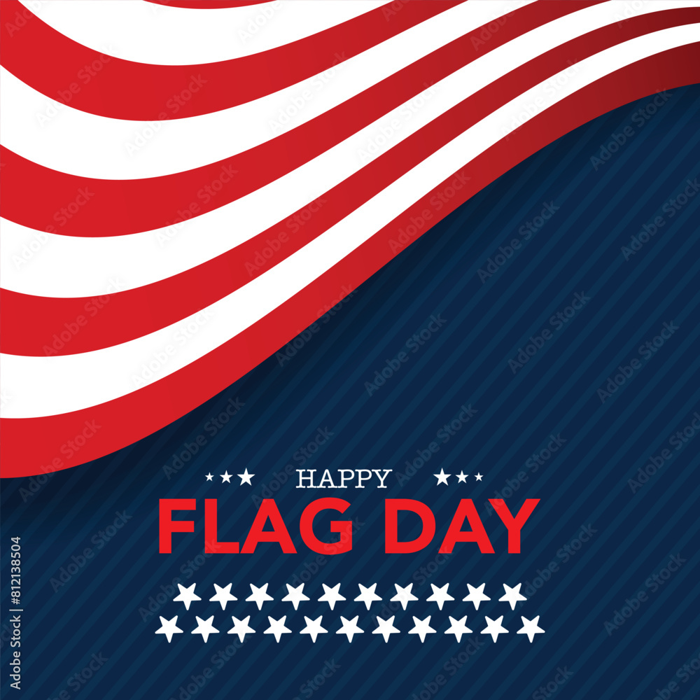 June 14th - Flag Day in the United States of America. Vector banner design template featuring the American flag and text on a white and blue background.