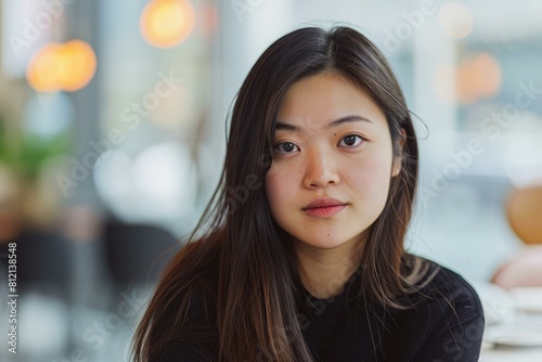 Close-up of a thoughtful young woman in a cozy café ambiance with soft lighting