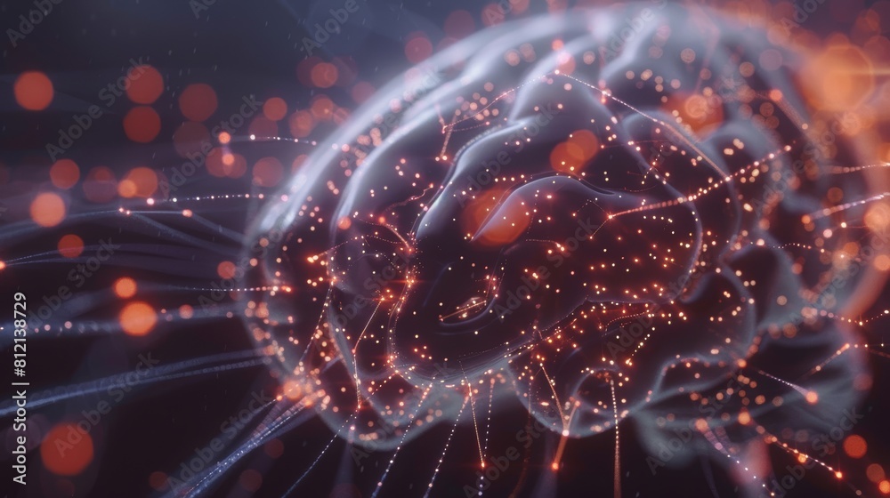 The image shows a glowing brain made of tiny particles. The brain is ...