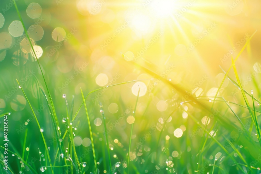 Fototapeta premium Sunlit Dewy Grass, Nature Background