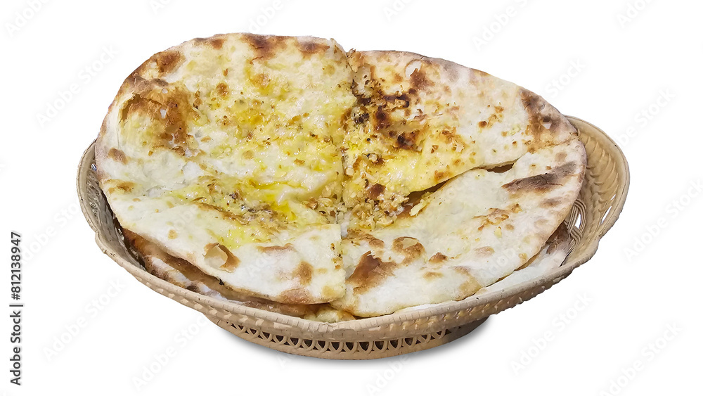 Freshly baked garlic naan bread, golden and battery with a sprinkle of garlic