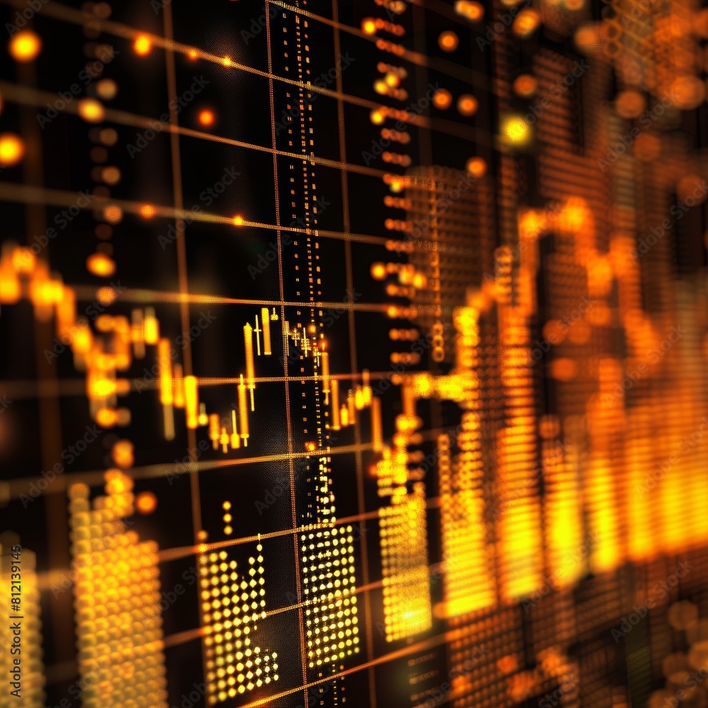The image shows a glowing yellow stock market graph with a grid in the background.