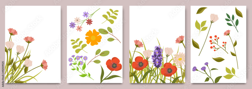 Wildflowers floral summer bright cards or posters. Botanical wall art set foliage with flowers. Decorative contemporary art botanical prints for print, cover, wallpaper