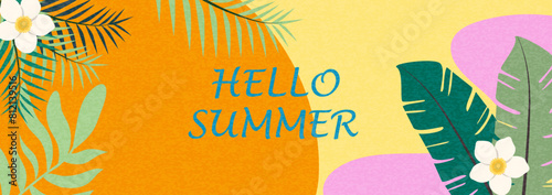 Summer horizontal background with bright abstract tropical leaves and flowers. Modern  minimalist style design template for sales, horizontal poster, header, cover, social media, fashion ads
