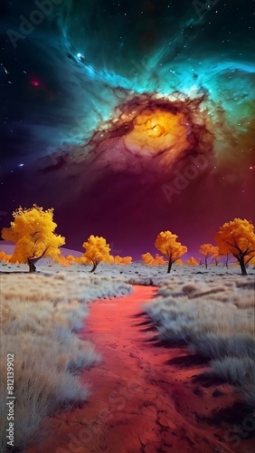 Experience the breathtaking beauty of colorful infrared space in this vibrant wallpaper, featuring celestial bodies and cosmic phenomena in a mesmerizing display of cosmic hues. © Arusha