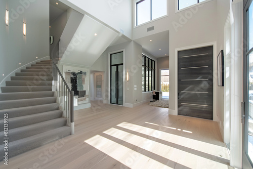 Modern entryway with an ash gray staircase large front door and broad light hardwood floors stretching to a tall ceiling Cool minimalist design