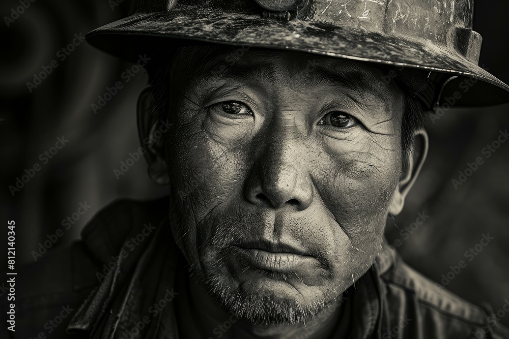Tireless Asian miner face worker. Mine coal. Generate Ai