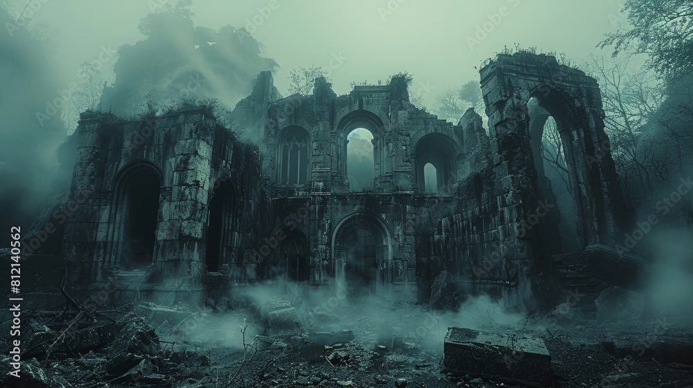 The image shows a ruined castle with a dark and mysterious atmosphere.