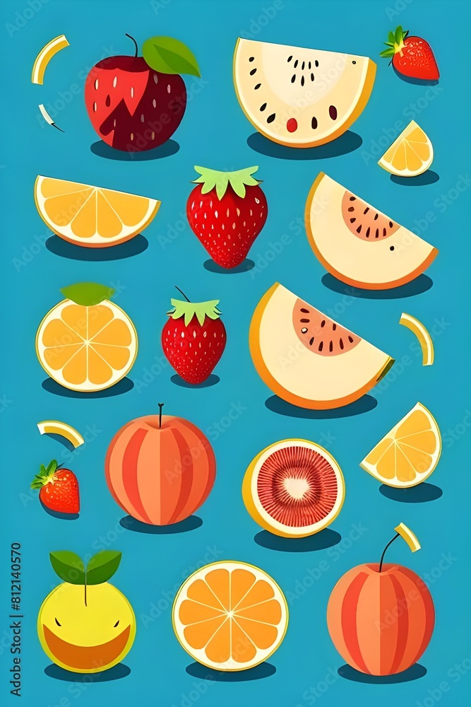 a flat colored cute illustration of a variety of fruit. minimalist a flat colored cute illustration of a variety of fruit. minimalist