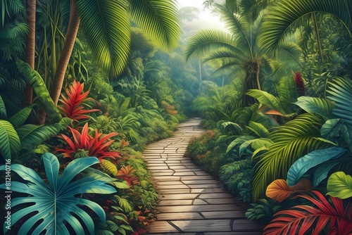 A vibrant artist s depiction of a winding path amid lush foliage in a tropical Queensland botanic garden. Australia