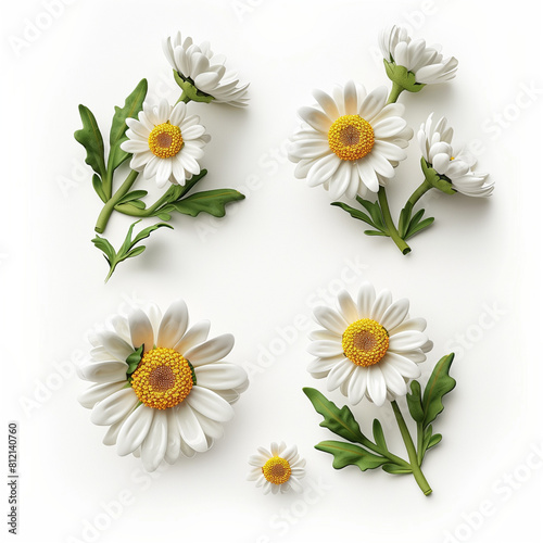 White daisies with green leaves isolated on white background  top view