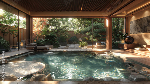 A minimalist plunge pool surrounded by a Japanese Zen garden.