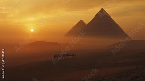 The Pyramids of Giza  A lone camel caravan silhouetted against the pyramids at sunset  the vast desert stretching endlessly.